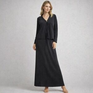 Vtg Rafael Pleated Knit Cardigan and Skirt Set Maxi Length Elegant Black Goth